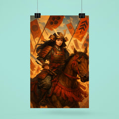 Tomoe Gozen on horseback amid falling banners poster 6