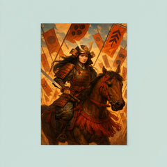 Tomoe Gozen on horseback amid falling banners poster 8