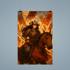 Tomoe Gozen on horseback amid falling banners poster 9