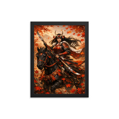 Tomoe Gozen on horseback beneath falling maple leaves framed print on a plain backdrop in size 12"x16".