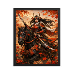 Tomoe Gozen on horseback beneath falling maple leaves framed print on a plain backdrop in size 16"x20".