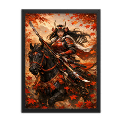 Tomoe Gozen on horseback beneath falling maple leaves framed print on a plain backdrop in size 18"x24".