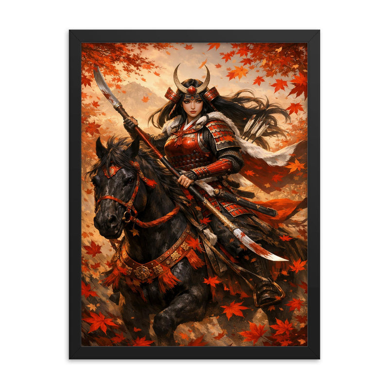 Tomoe Gozen on horseback beneath falling maple leaves framed print on a plain backdrop in size 18