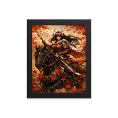 Tomoe Gozen on horseback beneath falling maple leaves framed print on a plain backdrop in size 8"x10".