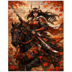 Tomoe Gozen on horseback beneath falling maple leaves jigsaw puzzle