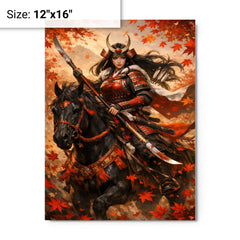 Tomoe Gozen on horseback beneath falling maple leaves metal print on a plain backdrop in size 12"x16".