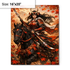 Tomoe Gozen on horseback beneath falling maple leaves metal print on a plain backdrop in size 16"x20".