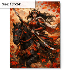 Tomoe Gozen on horseback beneath falling maple leaves metal print on a plain backdrop in size 18"x24".
