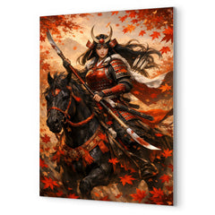 Tomoe Gozen on horseback beneath falling maple leaves metal print mockup