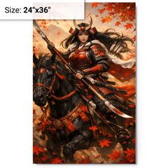 Tomoe Gozen on horseback beneath falling maple leaves metal print on a plain backdrop in size 24"x36".
