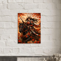 Tomoe Gozen on horseback beneath falling maple leaves metal print mockup