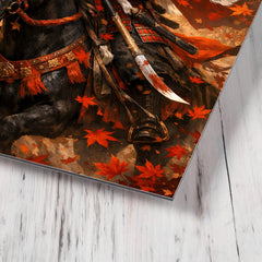 Tomoe Gozen on horseback beneath falling maple leaves metal print mockup