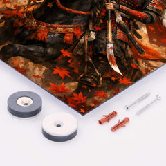 Tomoe Gozen on horseback beneath falling maple leaves metal print mockup