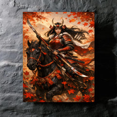Tomoe Gozen on horseback beneath falling maple leaves metal print mockup