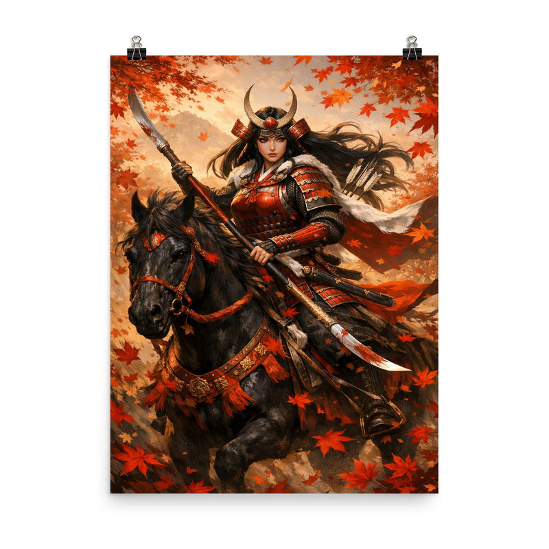 Tomoe Gozen on horseback beneath falling maple leaves poster on a plain backdrop in size 8