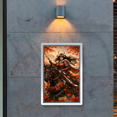 Tomoe Gozen on horseback beneath falling maple leaves poster 2
