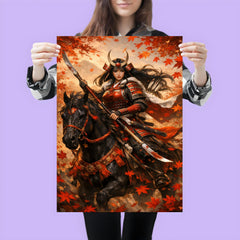 Tomoe Gozen on horseback beneath falling maple leaves poster 3