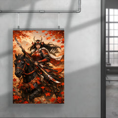 Tomoe Gozen on horseback beneath falling maple leaves poster 4