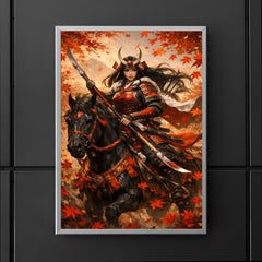 Tomoe Gozen on horseback beneath falling maple leaves poster 5