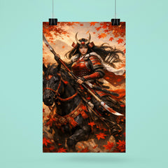 Tomoe Gozen on horseback beneath falling maple leaves poster 6