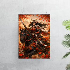 Tomoe Gozen on horseback beneath falling maple leaves poster 7