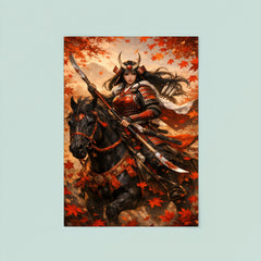 Tomoe Gozen on horseback beneath falling maple leaves poster 8