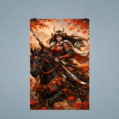 Tomoe Gozen on horseback beneath falling maple leaves poster 9