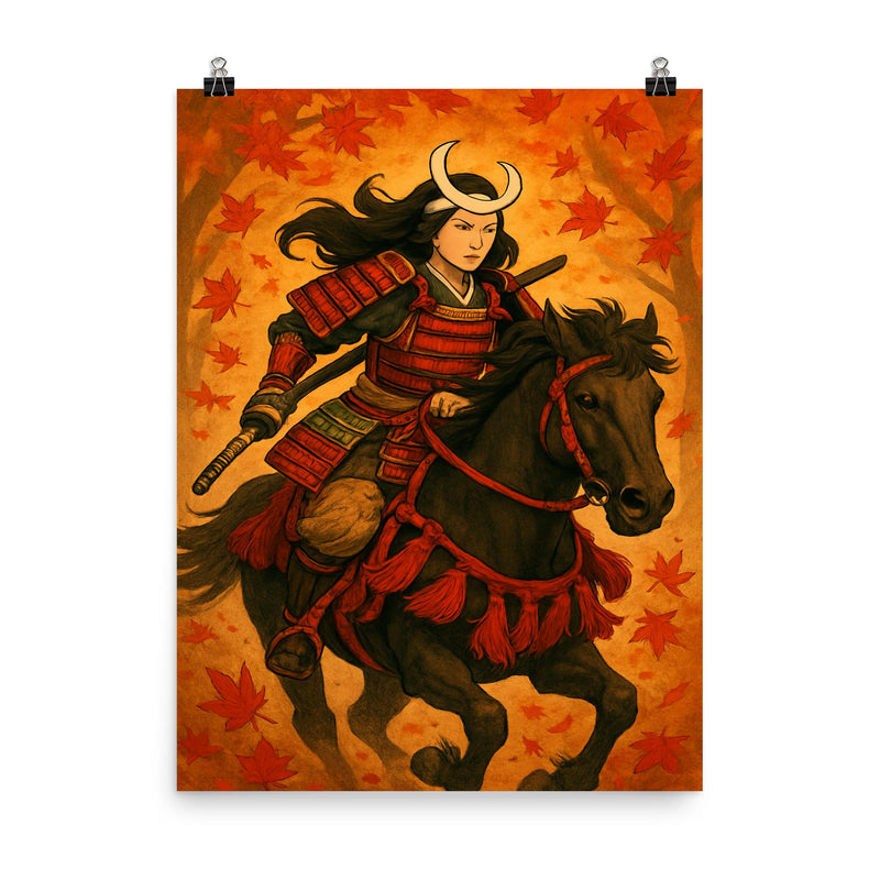 Tomoe Gozen riding through falling maple leaves poster on a plain backdrop in size 8