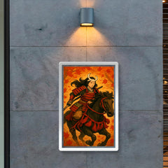 Tomoe Gozen riding through falling maple leaves poster 2
