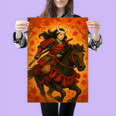Tomoe Gozen riding through falling maple leaves poster 3