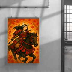 Tomoe Gozen riding through falling maple leaves poster 4