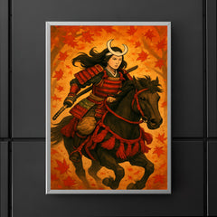 Tomoe Gozen riding through falling maple leaves poster 5