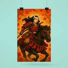 Tomoe Gozen riding through falling maple leaves poster 6