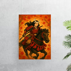 Tomoe Gozen riding through falling maple leaves poster 7