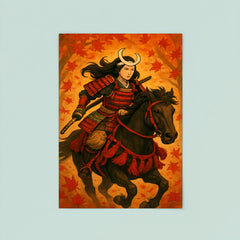 Tomoe Gozen riding through falling maple leaves poster 8