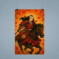 Tomoe Gozen riding through falling maple leaves poster 9