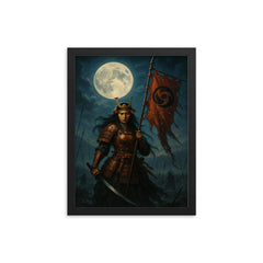 Tomoe Gozen severed banner in moonlit battlefield framed print on a plain backdrop in size 12"x16".