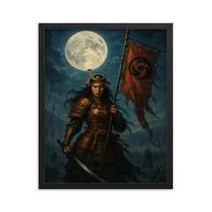 Tomoe Gozen severed banner in moonlit battlefield framed print on a plain backdrop in size 16"x20".