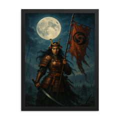Tomoe Gozen severed banner in moonlit battlefield framed print on a plain backdrop in size 18"x24".