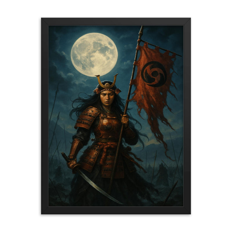 Tomoe Gozen severed banner in moonlit battlefield framed print on a plain backdrop in size 18