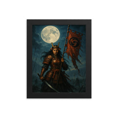 Tomoe Gozen severed banner in moonlit battlefield framed print on a plain backdrop in size 8"x10".