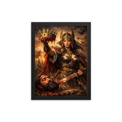 Tomyris holding Cyrus's severed crown framed print on a plain backdrop in size 12"x16".