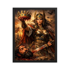Tomyris holding Cyrus's severed crown framed print on a plain backdrop in size 16"x20".