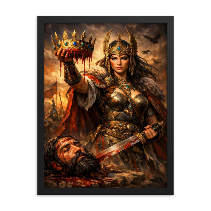 Tomyris holding Cyrus's severed crown framed print on a plain backdrop in size 18