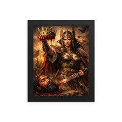 Tomyris holding Cyrus's severed crown framed print on a plain backdrop in size 8"x10".