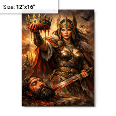Tomyris holding Cyrus's severed crown metal print on a plain backdrop in size 12"x16".