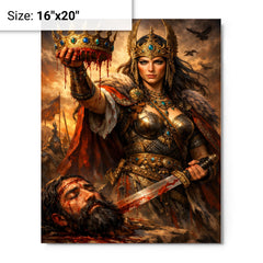 Tomyris holding Cyrus's severed crown metal print on a plain backdrop in size 16"x20".