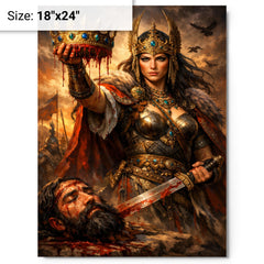 Tomyris holding Cyrus's severed crown metal print on a plain backdrop in size 18"x24".
