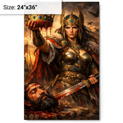 Tomyris holding Cyrus's severed crown metal print on a plain backdrop in size 24"x36".