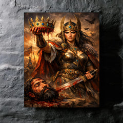 Tomyris holding Cyrus's severed crown metal print mockup